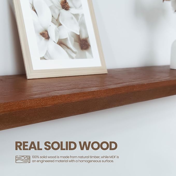 Solid Pine Wood Floating Shelves - Bathroom & Bedroom/Living Room - Set of 2 (Walnut Color) - 36x6.7x1.2 inch