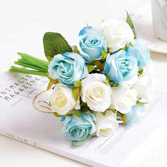 Jasion Artificial Roses Flowers 12 Heads Arrangement Silk Bouquet for Home Office Parties Bridal and Wedding Decoration (Blue and White)