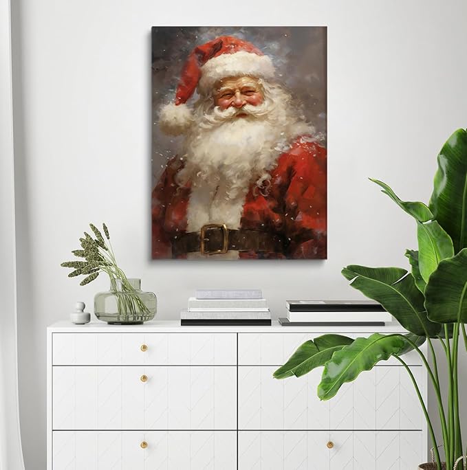 Vintage Santa Portrait Painting, Rustic Holiday Art - Christmas & Office Decor, 12x16inch Unframed
