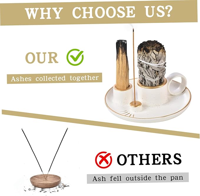 4-in-1 Palo Santo Holder for Burning Sage and Sticks, 5.9-Inch Ceramic Incense Burner and Ash Catcher Tray with Handle for Meditation Home Zen Decor