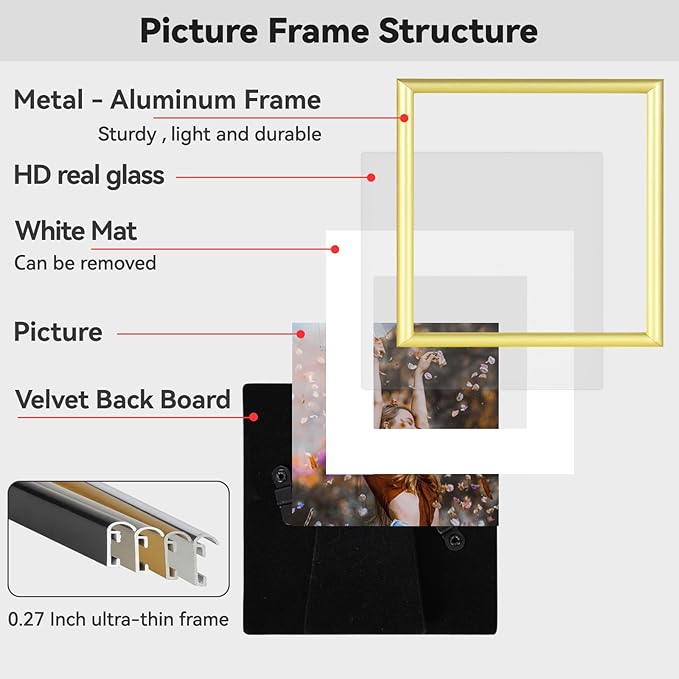 4x4 Picture Frame Set of 3, Gold Aluminum Metal Square Photo Frame with HD Glass, Fits 3x3 with Mat or 4 x 4 without Mat, Display For Tabletop or Wall Collage