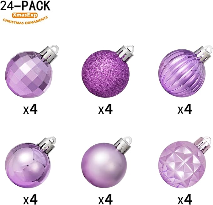 XmasExp 24ct Christmas Ball Ornaments Shatterproof Christmas Ornaments Set Decorations for Xmas Tree Balls Halloween Decorations (1.57''/40mm, Light Purple)
