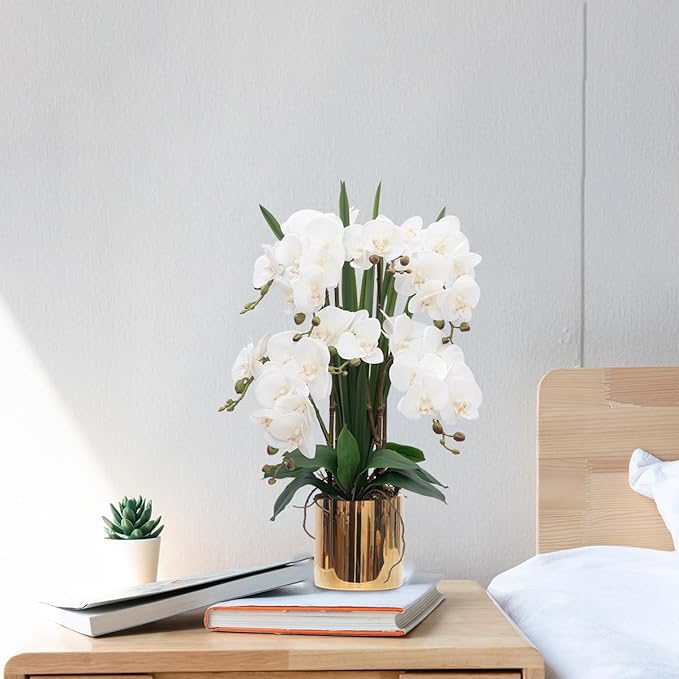 CXGS Artificial Orchid Flower Plants Real Touch Faux Orchids in Ceramic Vase 20.9'' White Phalaenopsis Orchid Fake Flower Arrangement Home Indoor Decor