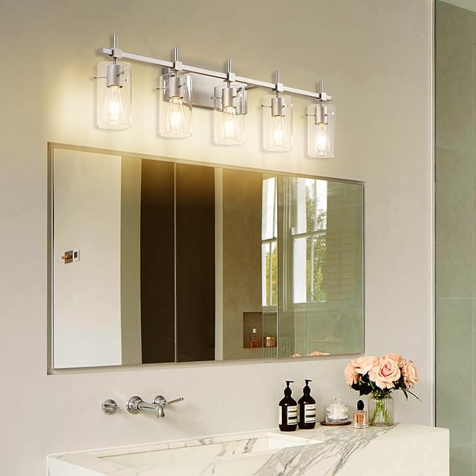 SOLFART 40.1 inch 5 Light Bathroom Vanity Light fixtures Bathroom Light Fixture Over Mirror Brushed Nickel Wall Lights with Glass Shade