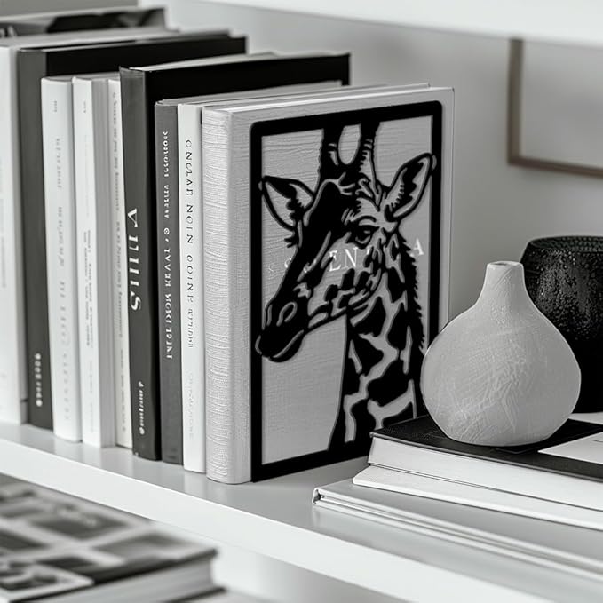 Peacoblue Metal Bookends for Shelves, Modern Decorative Heavy Duty Study Book Ends Stoppers for Office, Desk, Shelf, Room 5.3"x4.3"x7.9" Cast Iron Simple Tall Bookends 1 Pair (Giraffe)