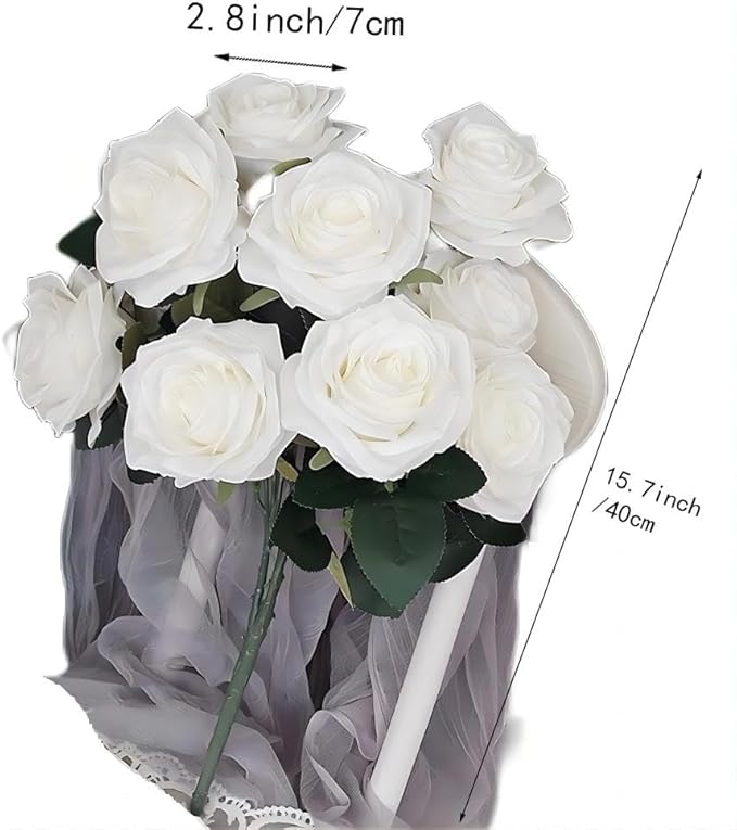 Jasion Artificial Roses 10 Heads 2.8" Flowers Arrangement Silk Bouquet for Home Office Parties Bridal Wedding Decoration (White)