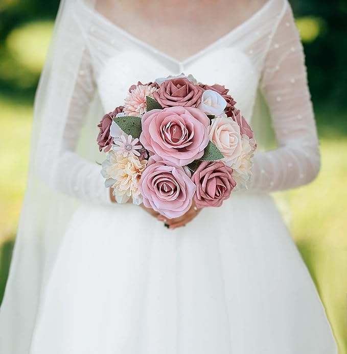 Roses Artificial Flowers Pink Bouquets Box Set for DIY Bridal Wedding Shower Decorations Fake Floral Arrangements for Party Table Centerpieces Home Decor Indoor Outdoor Dusty Blush 19pcs