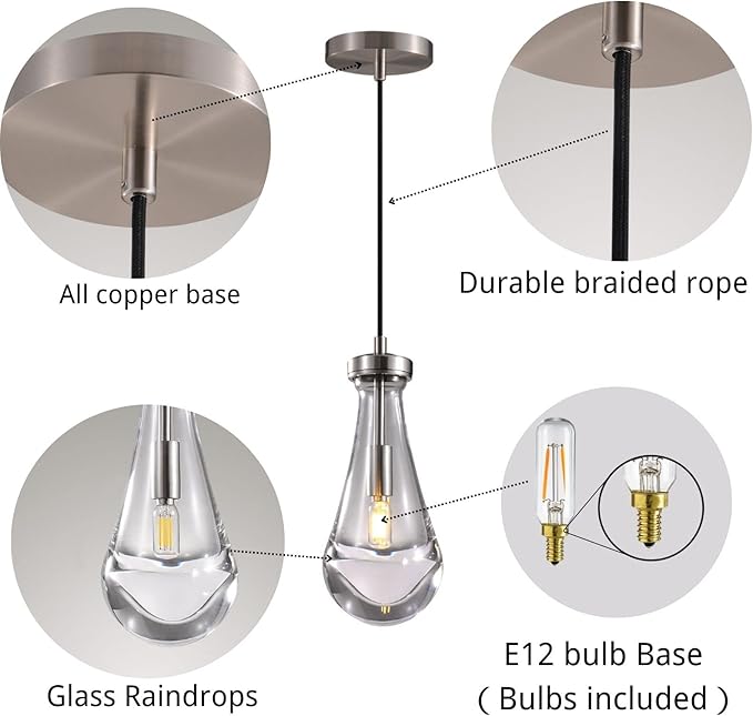 Raindrop Pendant Lights Set of Two, Nickel Pendant Lights Kitchen Island, Indoor Pendant Lighting, Pendant Light Fixtures, Pendant Light for Kitchen Island Bedroom Bathroom