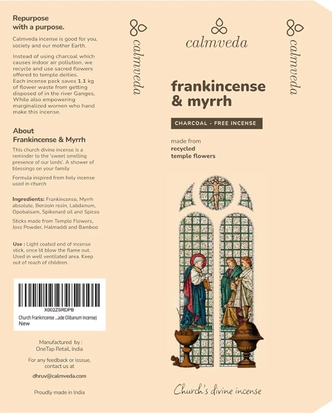 Church Frankincense and Myrrh Incense - 80 Sticks, Charcoal Free, Handmade from Upcycled Flowers, Spiritual Healing Incense