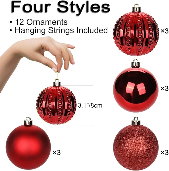 3.15" Red Christmas Balls Ornaments 12 Pcs Shatterproof Christmas Ornaments Set Large Red Ornament for Xmas Tree Halloween Holiday Party