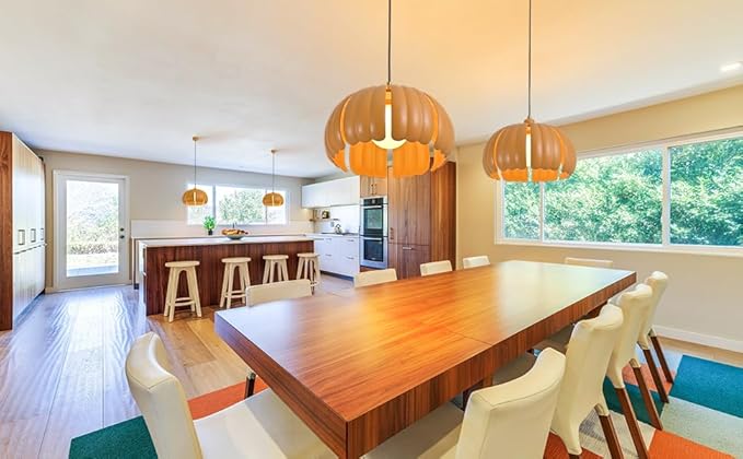 Mid Century Modern Pendant Light Fixture, 14.5 inch Pumpkin Orange Ceiling Light with Wheat Straw Material Shape, Semi Flush Mount Ceiling Lamp for Kitchen Island, Dining Table, Hallway Lighting