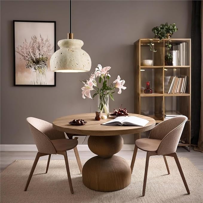 Modern Natural Travertine Stone Pendant Light Minimalist Solid Wood Pendant Lamp Adjustable Cord Hanging Lamp for Bedside Dining Kitchen Cafe Bar Decorative Fixture
