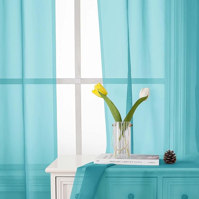 Lecloud Aqua Sheer Curtains for Living Room 72 Inches Long 2 Panels, Dual Rod Pockets Solid Window Curtains for Bedroom, Modern Farmhouse Decor Voile Light Filtering Drapes, Each Panel 42" W x 72" L
