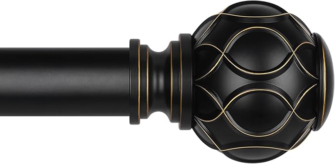 Long Black Curtain Rod, Heavy Duty 1 Inch Decorative Curtain Rods for Windows 72 to 144 Inch, Single-Side Adjustable Vintage Rustic Matte Black Drapery Pole with Boho Netted Texture Finials