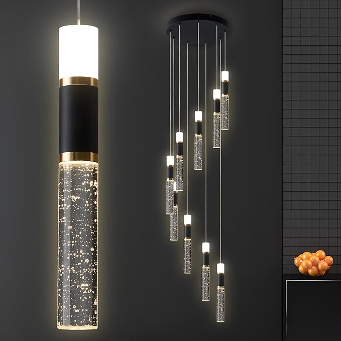 Modern Chandelier,Dimmable Black Gold Led Chandelier for High Ceilings Long Chandelier for Staircase with Remote Controller