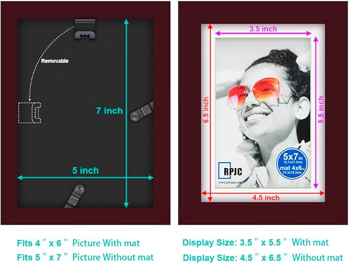 RPJC Picture Frame Made of Solid Wood and High Definition Glass Display Photo 4x6 with Mat or 5x7 Without Mat for Wall Mounting Dark Brown