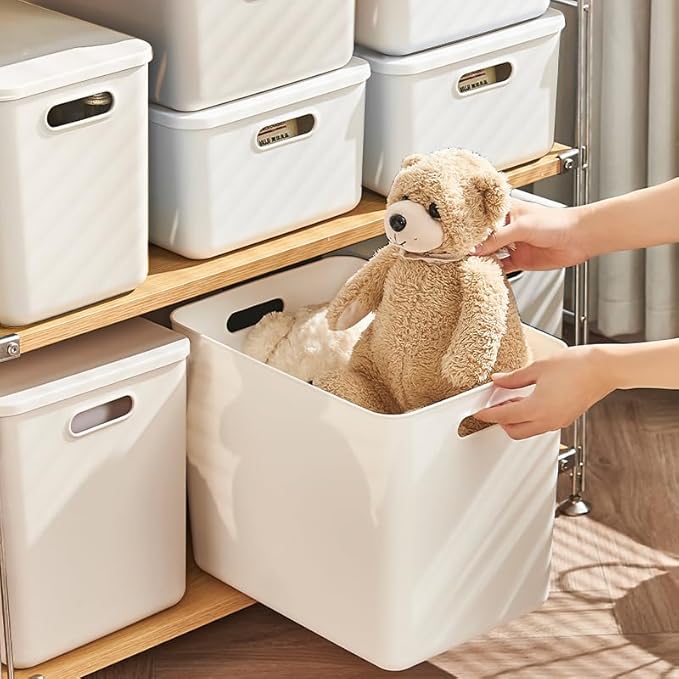 5 pack large plastic White storage bins with Lids, Toy Box Chest with Handle，Organizer Containers Baskets for Baby,Nursery，Shelves，Playroom, Bedroom，Office,Closet，home (White, 5XL+5S)