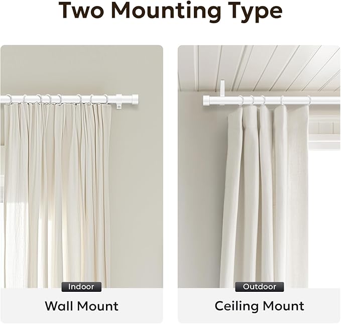 Zeerobee Curtain Rods for Windows 66 to 120, White Curtain Rod, Adjustable 1 Inch Heavy Duty Outdoor/Indoor Modern Drapery Pole, 32"-120"