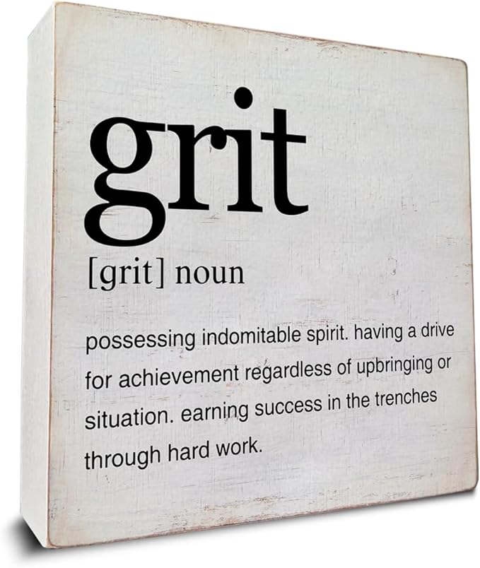 Motivational Grit Gift Grit Definition Art Quotes Wooden Box Sign Desk Decorative Wooden Sign Home Decor for Table Shelf 5 x 5 Inches