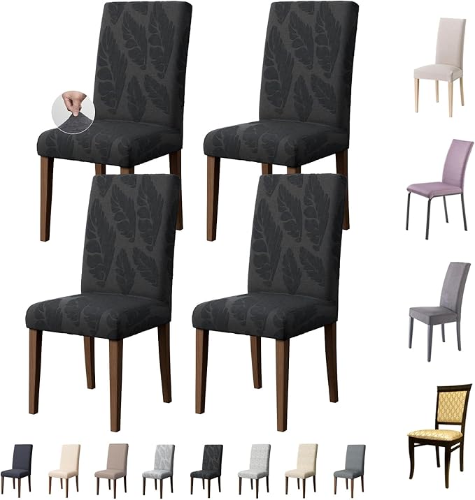 Chair Covers for Dining Room Set of 4, Washable Parson Chairs Slipcover Kitchen Seat Protector for Home, Party, Hotel, Banquet (Leaf Metallic Grey)