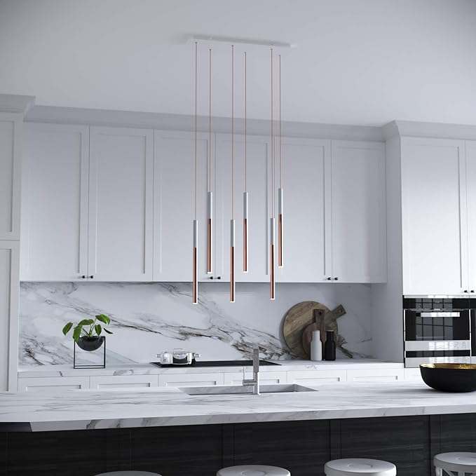 ALTAIR 6 Mini Pendant Lighting White-Copper - LED Hanging Light Fixture for Kitchen Island, Bar, Foyer - Cluster Pendants - Dimmable, Adjustable Wire, Lamp Bulb Included