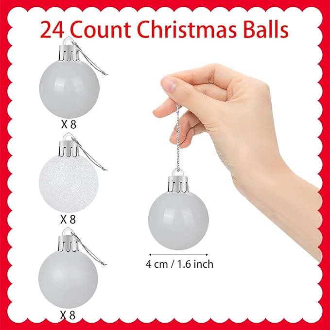 24 Count Small White Christmas Ornaments for Mini Christmas Tree, Small Shatterproof Christmas Tree Ornaments Balls Set for Holiday Party Decorations, 1.6 inch