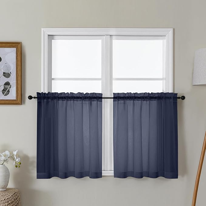 Gwine Navy Blue Sheer Curtain Tiers 24 Inch Length, Light Filtering Voile Short Curtain for Living Room Bedroom, Rod Pocket Cafe Curtains for Small Windows 42x24 Inch, 2PCS
