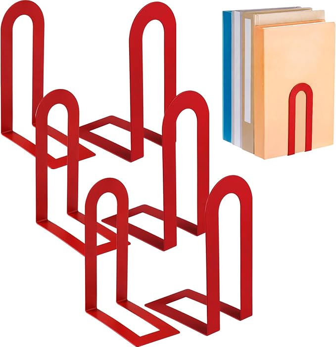 Chunful 6 Pcs Modern Metal Book Ends for Shelves Decorative Small Bookends Book Shelf Organizer Minimalist Design Stopper to Hold Books for Home Office (Red,5.5 * 3.75 * 2.25inch)