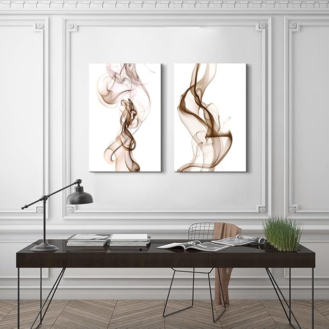 Modern Abstract Wall Art Decor: Minimalist Brown and White Smoke Canvas Pictures Prints Contemporary Painting Artwork for Living Room Bathroom Bedroom 24" x 36" x 2 Panel