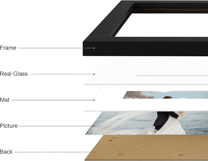 iRahmen 8x12 Picture Frame Set of 4 with HD Glass, Black Frame Display 6x8 Picture with Mat or 8 x 12 Without Mat, Wood Rustic Photo Frame for Tabletop and Wall Mounting