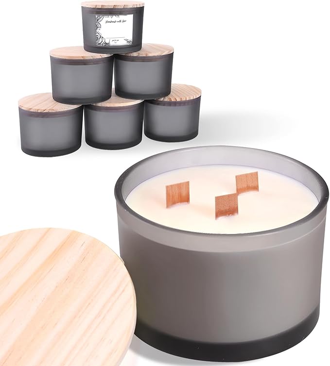 6 Pack Glass Candle Jars with Lids (16oz, Frosted Grey) - Large Candle Jars for 3 Wick Candles Making - Empty Candle Jars Containers - Candle Making Accessories include 16Pcs Candle Labels