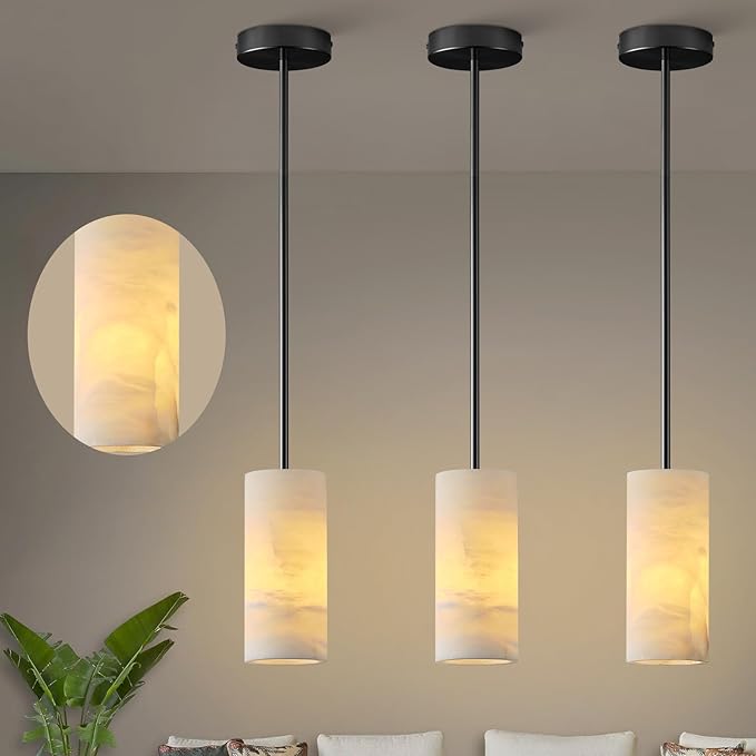 Alabaster Pendant Light Kitchen Island, H-9.5in Black Pendant Light Fixtures with Natural Marble Shade, Adjustable Ceiling Pendant for Dining Room, Living Room, Bedroom & Bathroom