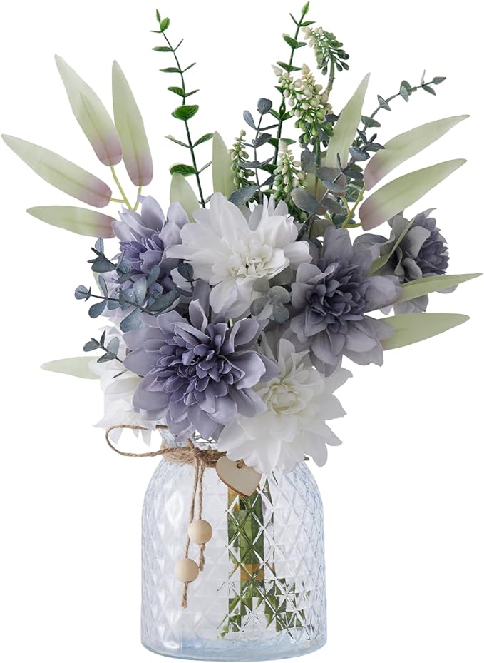 Fake Flowers with Vase Combo Bue Wite Flowers Mix Silk Artificial Flowers Dahlia, Fake Plastic Flowers Bulk Decoration, Faux flower for Wedding Bridal Bouquets, Floral Arrangement, Table Centerpieces