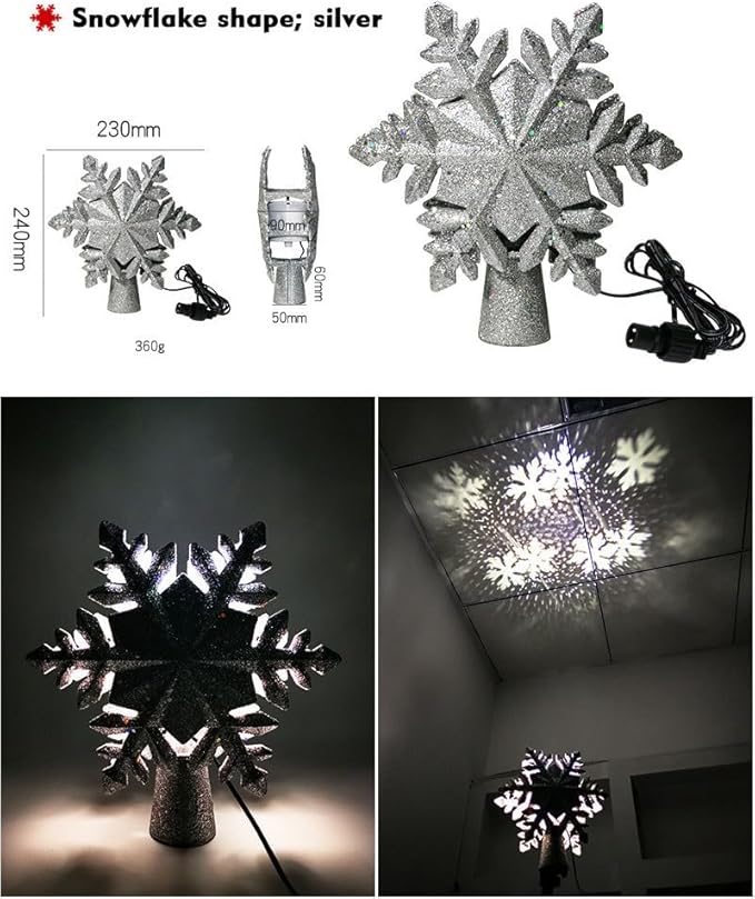 ME JO Christmas Tree Topper | Christmas Tree Decoration Hollow Glitter Snowflake with 3D Rotating LED | with 6 Projection Plug in Star Christmas Tree Projector for Indoor Office Xmas New Year
