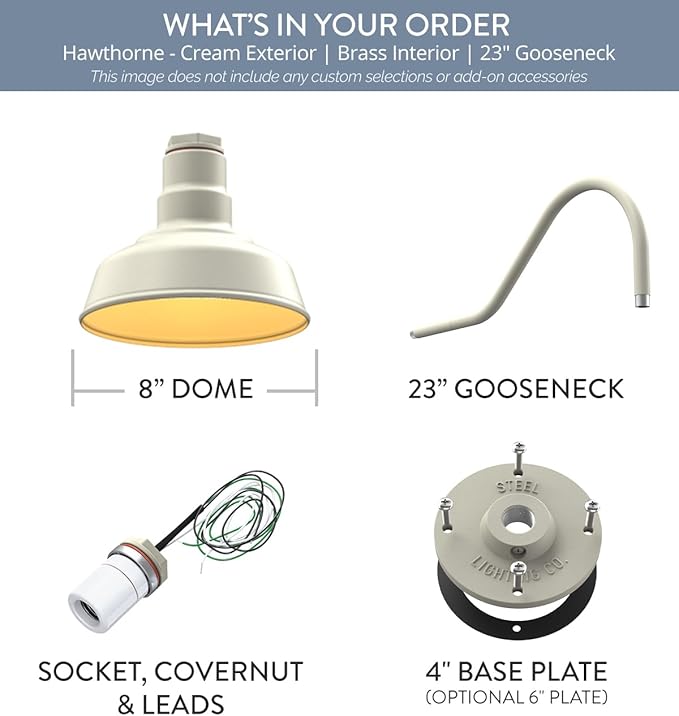 Steel Lighting Co. Hawthorne Barn Light | Outdoor Wall Mounted | 8 inch Dome | 23" Gooseneck | Small Farmhouse Light Made in America | Cream Exterior/Brass Interior