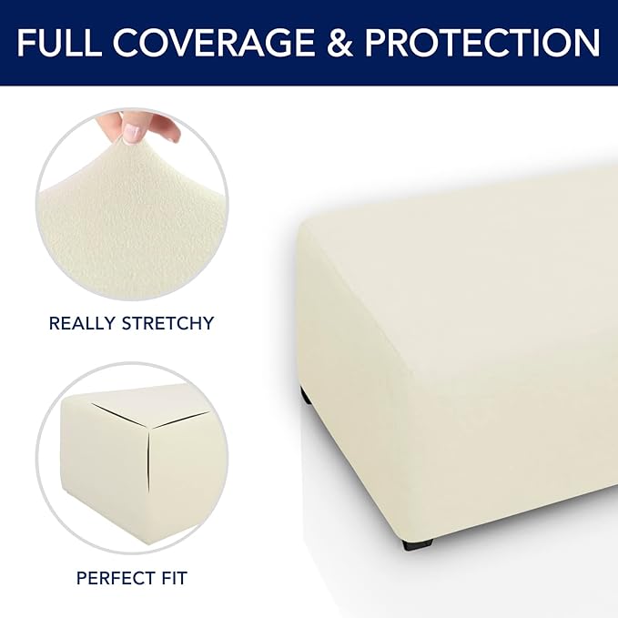 PureFit Super Stretch Soft FormFit Ottoman Cover Rectangle - Ottoman Slipcovers for Foot Stool & Folding Storage Furniture for Living Room with Nonslip Elastic Bottom (Large, Ivory)