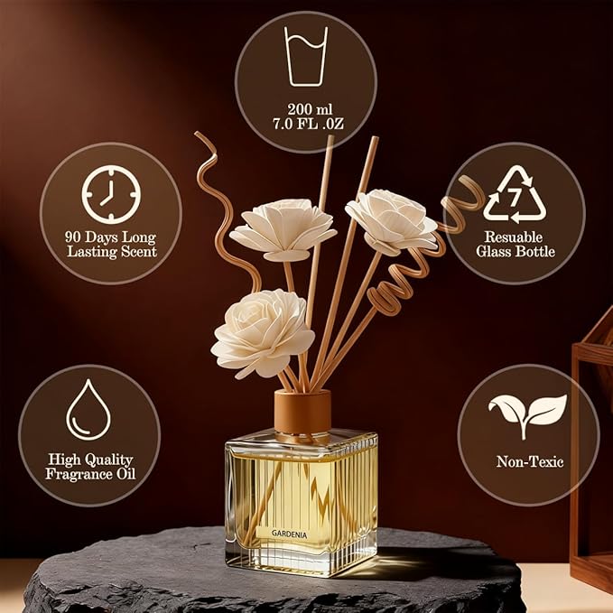 Ocean Breeze Reed Diffuser Set - 6.7 oz Glass Bottle with 4 Rattan Sticks, 3 Dried Flowers | Adjustable, Long-Lasting Scent for Home, Bedroom, Living Room, Office, Bathroom | Aromatherapy Gift Set