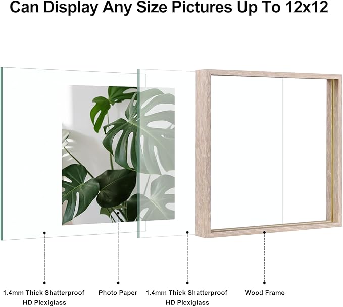 Egofine 12x12 Floating Frames Set of 2, Double Plexiglass Picture Frame, Made of Solid Wood Display Any Size Photo up to 12x12, Wall Mount or Tabletop Standing, Rose Pink