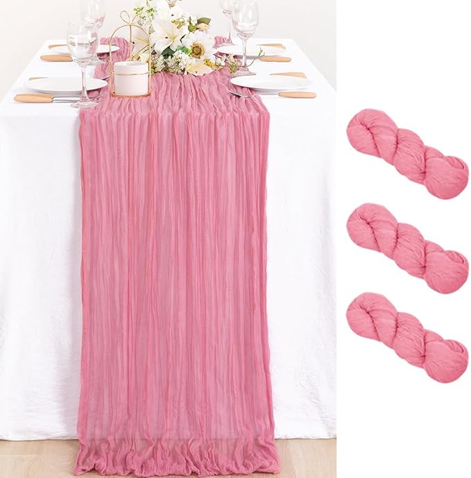 MLMC 3 Pack Mauve Pink Table Runner 10ft Sheer Gauze Spring Cheesecloth Valentines Table Runner Bulk Rustic Cheese Cloth Decor 35x120 Inches for Boho Wedding Bridal Baby Shower Birthday Party Decor