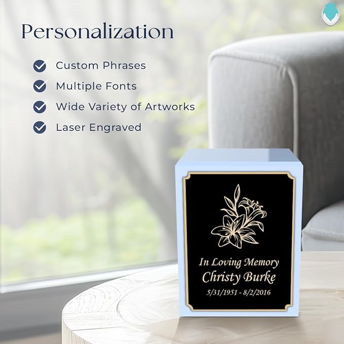 GetUrns Custom Lily Small Urn Box for Human Ashes I Personalized Wooden Keepsake Cremation Urn for Male or Female I Light Blue Memorial Box I 40lbs