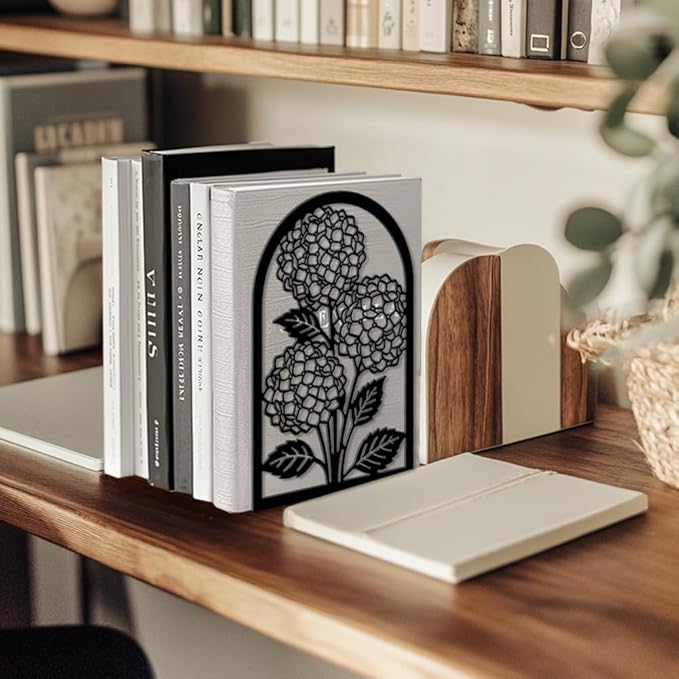 Peacoblue Metal Bookends for Shelves, Modern Decorative Heavy Duty Study Book Ends Stoppers for Office, Desk, Shelf, Room 5.3"x4.3"x7.9" Cast Iron Simple Tall Bookends 1 Pair (Hydrangea)