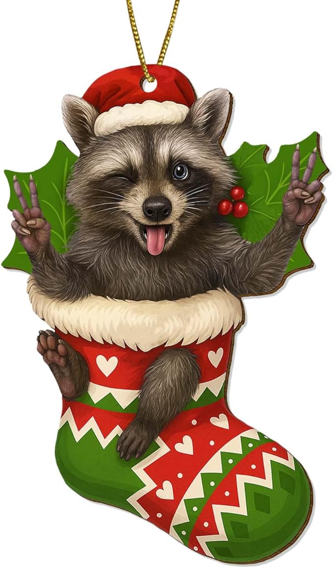 2 Side Printed Flat Christmas Wooden Ornaments, Animal Keepsake Hanging Tree Decoration, Sock Raccoon Ornament