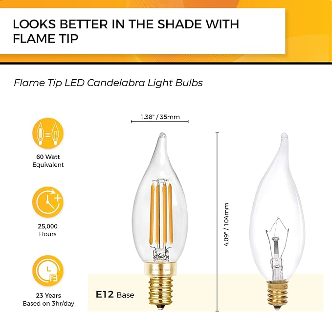 Hizashi 90+ CRI LED Candelabra Bulbs 60 watt Equivalent 2700K Warm White, Dimmable Chandelier Light Bulbs, 6W 550LM, CA11 Flame Tip E12 LED Candle Bulb, UL Listed - 24 Pack