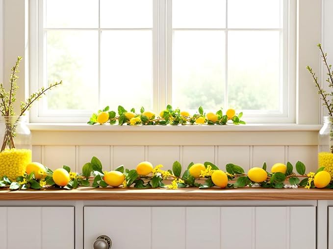2PCS Artificial Lemon Garland (12Ft Total), Faux Fruit Vine with Greenery for Wedding Party, Wall Mantle Table Decor, Spring Summer Kitchen Door Decoration