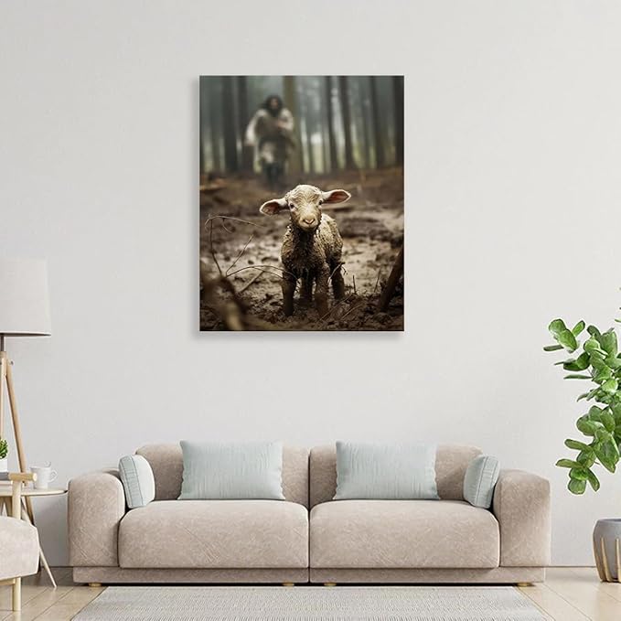 GUN SUPPLIES OUTLET LLC Christian Wall Art Jesus Chasing Lost Lamb Canvas Print Inspirational Wall Decor 16x20 Inch Home Decor