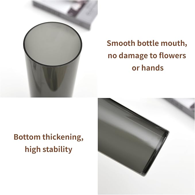 Flower Vase, Non-breakable Vases, 6" W x 14" H, Acrylic Grey Vase, Aesthetic Room Decor Cylindrical Modern Flower Vases for Table Centerpiece, Home Decor, Women Floral Arrangement Gift