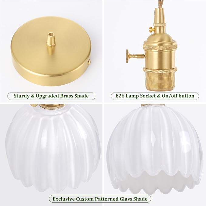 Pendant Light with White Tulip Glass Lmapshade, Brass Vintage Pendant Light Adjustable Hanging Light for Kitchen Island Dining Room Hallway