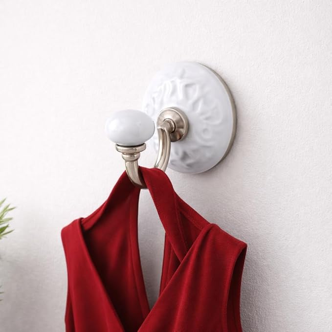 Decorative Ceramic Wall Hook, White Metal Mounting Hardware for Hanging Coat and Towels Set of 2