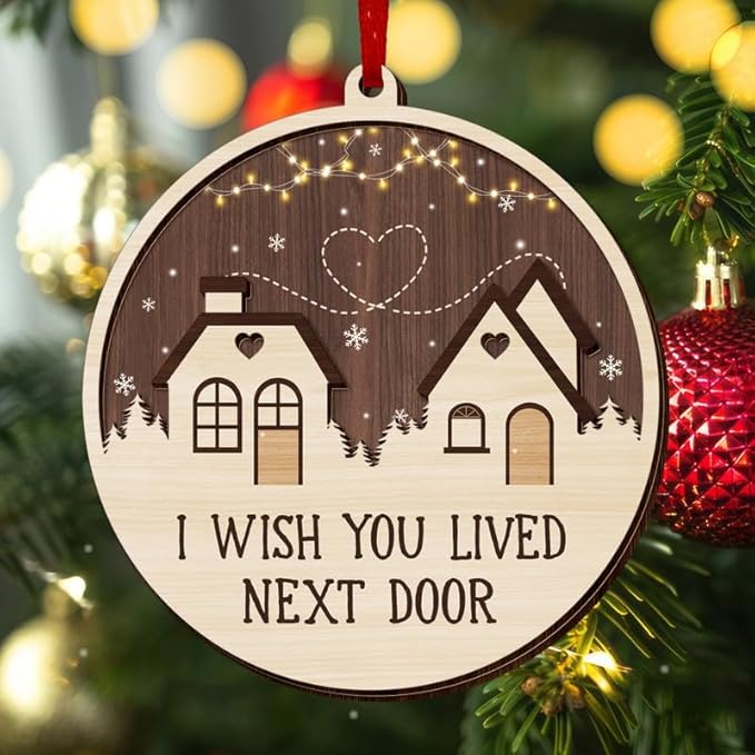 GEEMBI Christmas Friend Gifts for Women - Wooden Christmas Ornaments 2025 for Xmas Decorations - Long Distance Gifts for Friends Women BFF Bestie, I Wish You Lived Next Door Stocking Stuffers Gift
