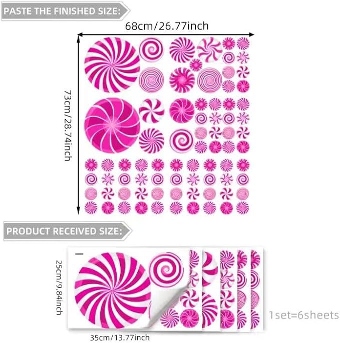 77 Pcs Christmas Candy Wall Decals Decorations Christmas Wall Stickers Pink Peppermint Candy Floor Decals for Xmas Candyland Party Decorations